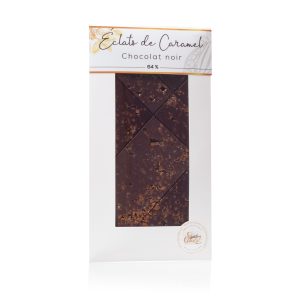 Tablette chocolat noir 64% éclats de caramel – 85g
